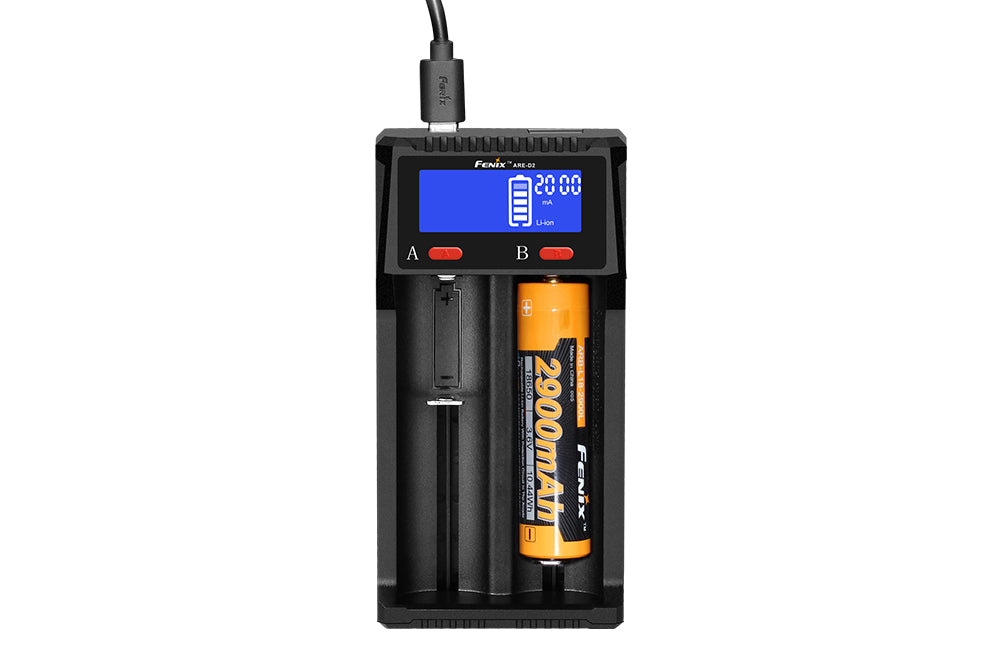 A black Fenix ARE-D2 dual channel smart battery charger with a digital display and a battery slot, connected to a USB cable.
