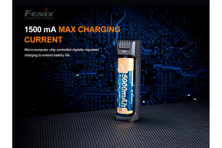 Fenix ARE-X1 V2 battery charger with technological background with text discussing the charging current