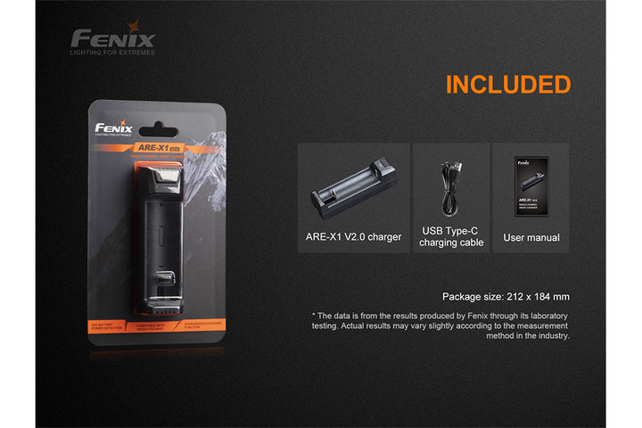 Graphic showing the Fenix ARE-X1 V2 battery charger with its included accessories