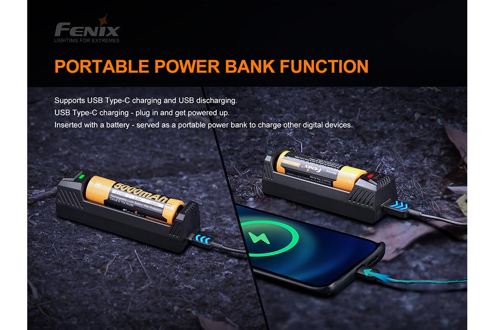 Fenix ARE-X1 V2 battery charger on black surface being used to charge a cell phone