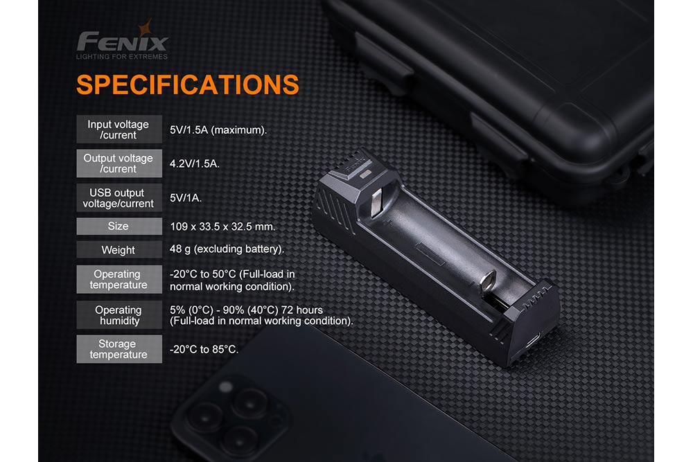Fenix ARE-X1 V2 battery charger on black surface with text discussing its specifications
