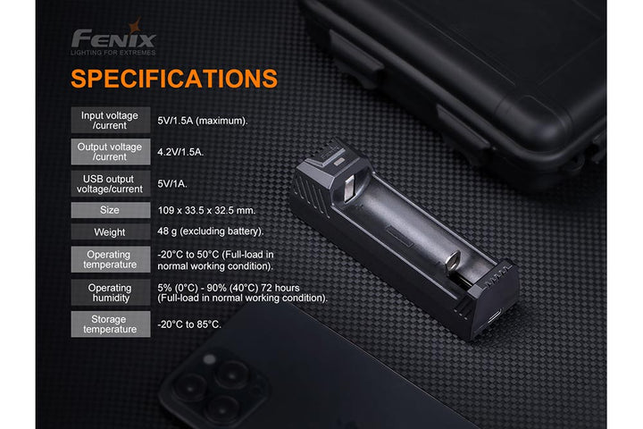 Fenix ARE-X1 V2 battery charger on black surface with text discussing its specifications