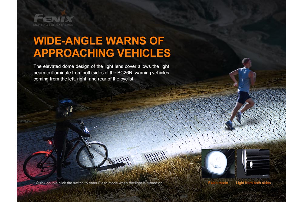 A biker riding behind a runner using the wide angle of the Fenix BC26R LED bike light 