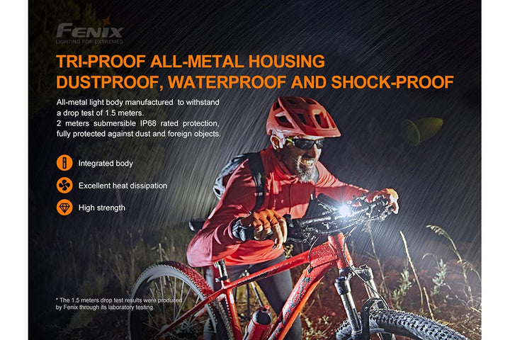 A biker in the rain with a Fenix BC26R LED bike light attached to the handlebar