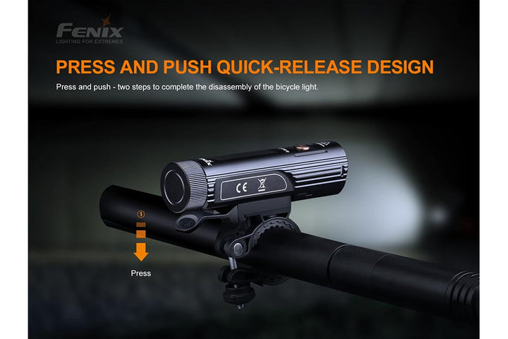 Fenix BC26R LED bike light with text explaining quick release design