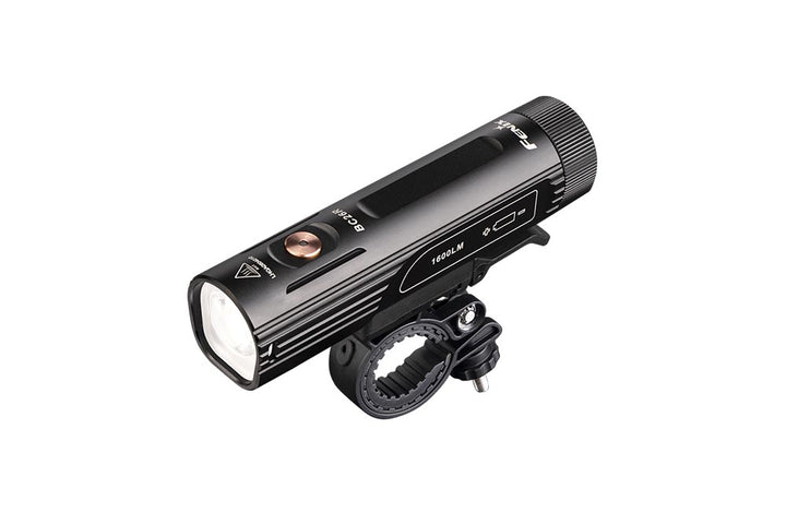 A black Fenix BC26R LED bike light attached to a mount, displayed against a white background.
