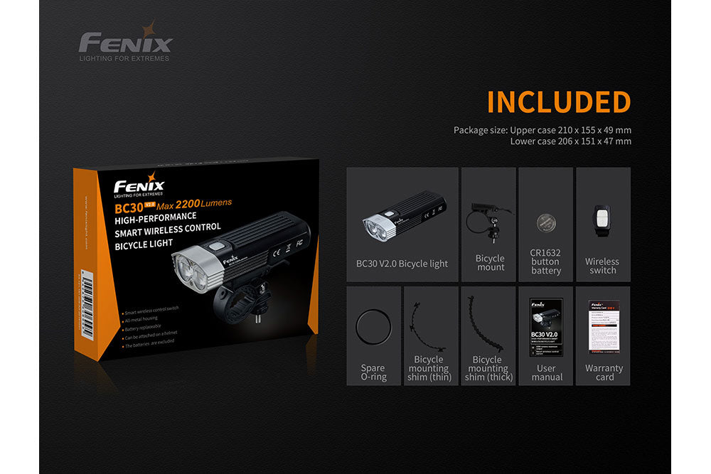 Fenix BC30 V2 LED bike light in package with graphics showing the included accessories