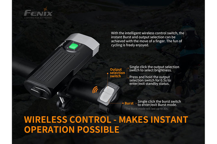 Fenix BC30 V2 LED bike light used with its wireless remote switch