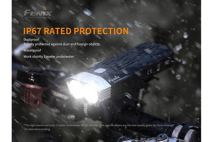 Fenix BC30 V2 LED bike light in the rain