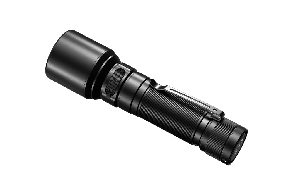 Fenix C7 rechargeable LED flashlight as viewed from the back