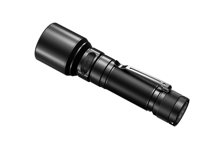 Fenix C7 rechargeable LED flashlight as viewed from the back