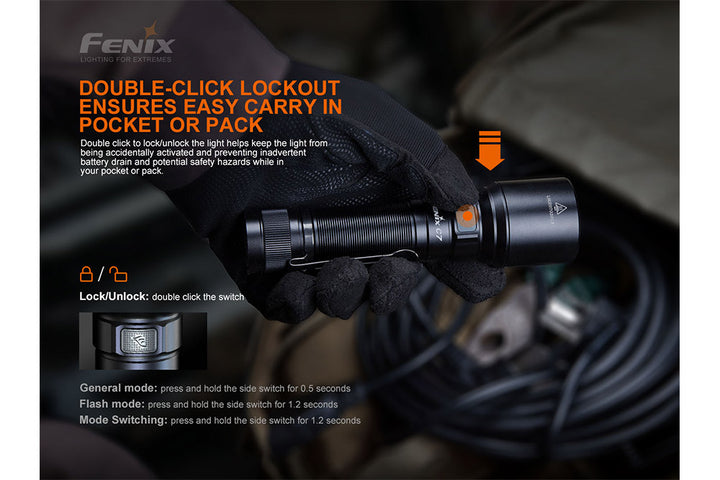 Person with a glove on clicking the button of the Fenix C7 rechargeable LED flashlight 