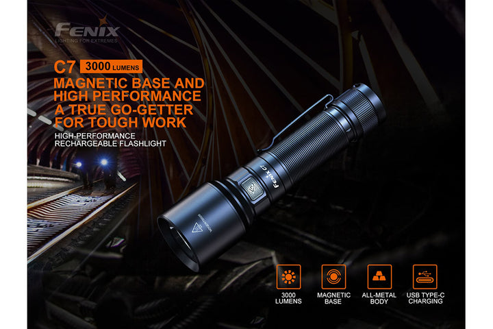  Fenix C7 rechargeable LED flashlight with rail workers in the background