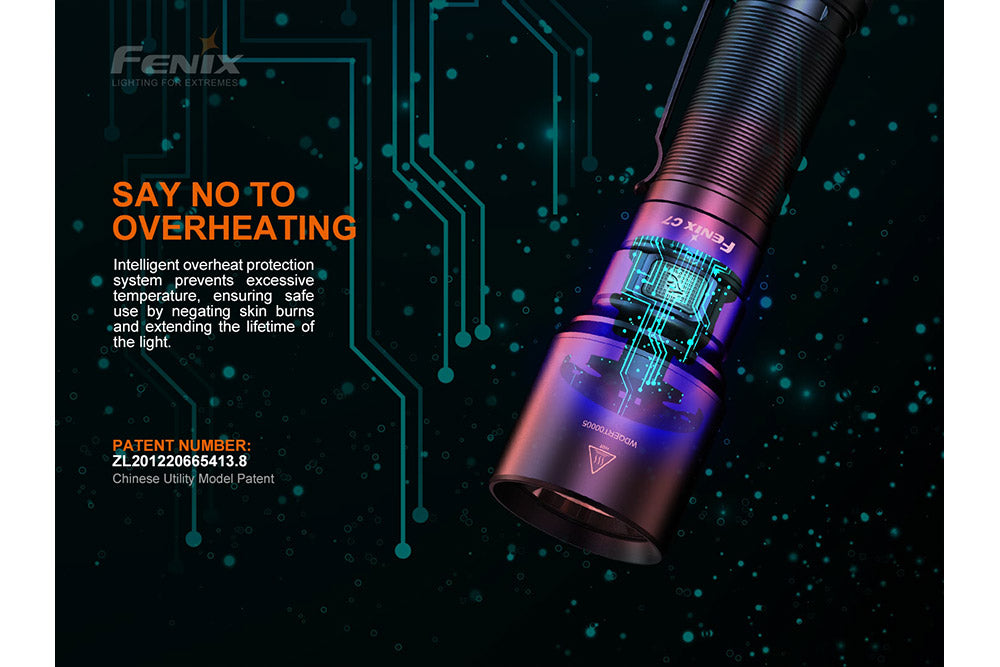 Graphics explaining the overheat protection of the Fenix C7 rechargeable LED flashlight 