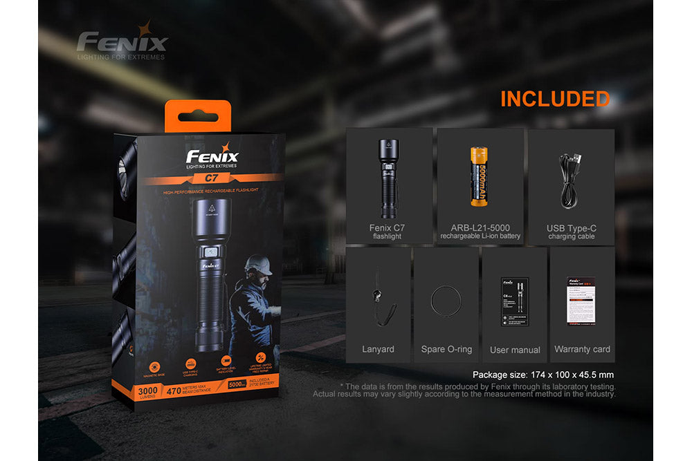 Fenix C7 rechargeable LED flashlight in packaging with graphics showing the included accessories