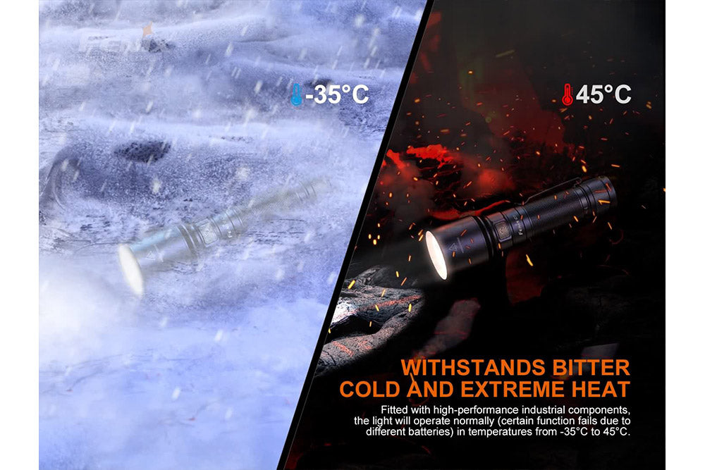 Fenix C7 rechargeable LED flashlight in snow and flame to display its temperature resistance