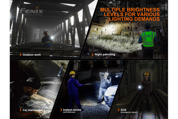 Several photos showing different use cases of the Fenix C7 rechargeable LED flashlight 