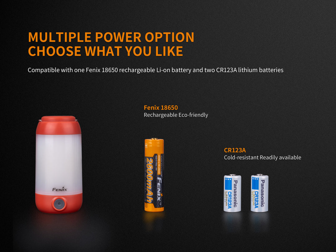 Fenix CL26R Camping Lantern next to different battery options