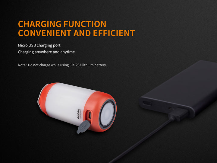 Fenix CL26R Camping Lantern with USB port exposed sitting next to a powerbank