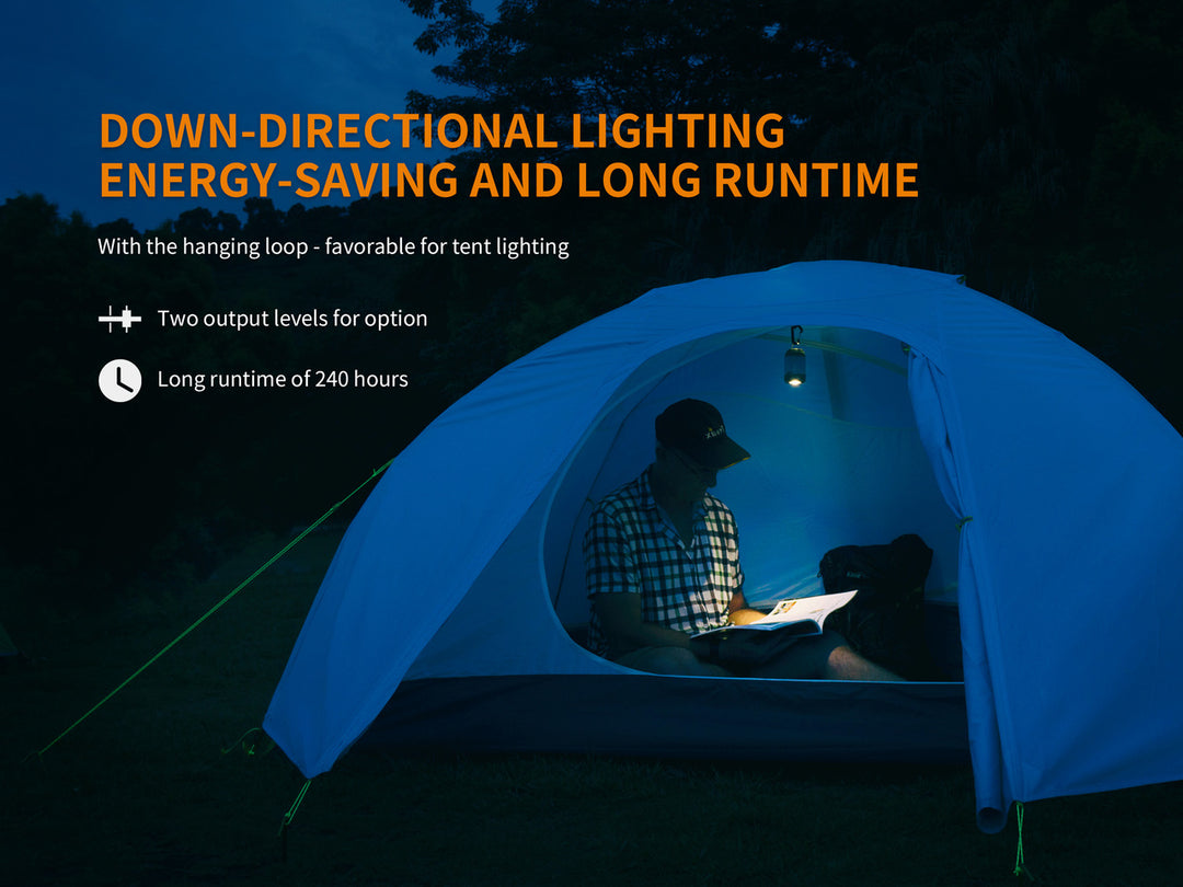 Fenix CL26R Camping Lantern downward lighting used in a tent to read