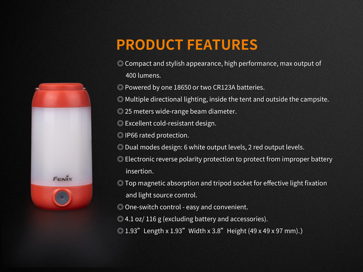 Text showing the features of Fenix CL26R Camping Lantern 