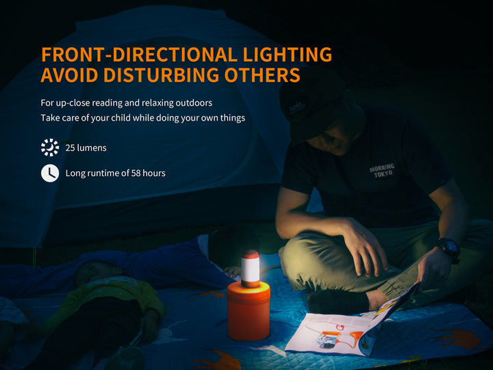 Front-facing directional light of the Fenix CL26R Camping Lantern used to read outside