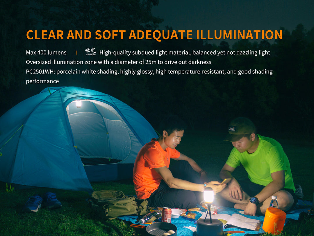 Fenix CL26R Camping Lantern used at a campsite with a tent and two campers