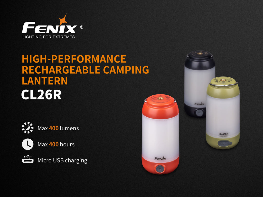 Fenix CL26R Camping Lantern in three colors on a black background