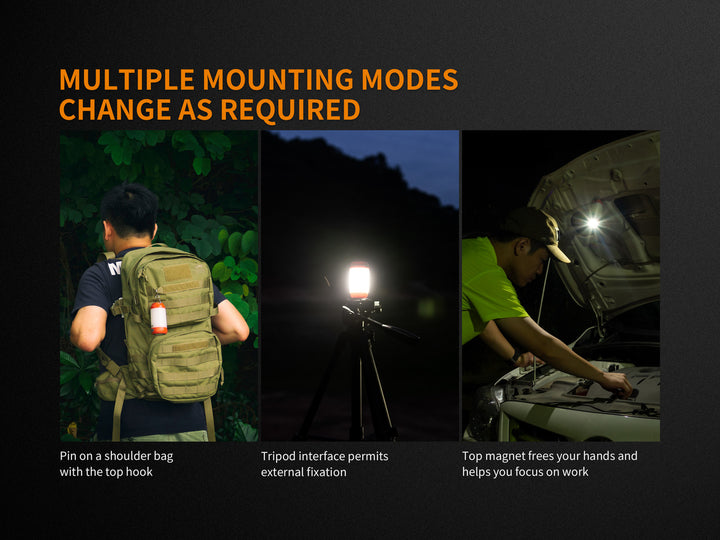 Various photos showing the mounting options for the Fenix CL26R Camping Lantern 