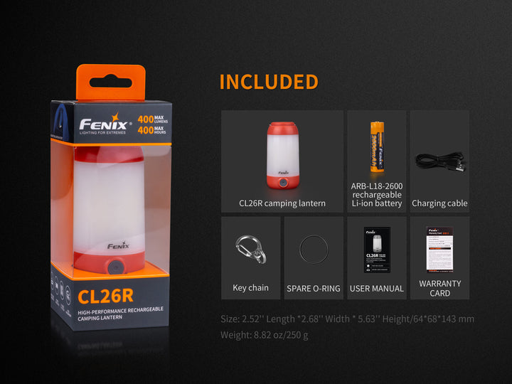 Fenix CL26R Camping Lantern in packaging with included accessories
