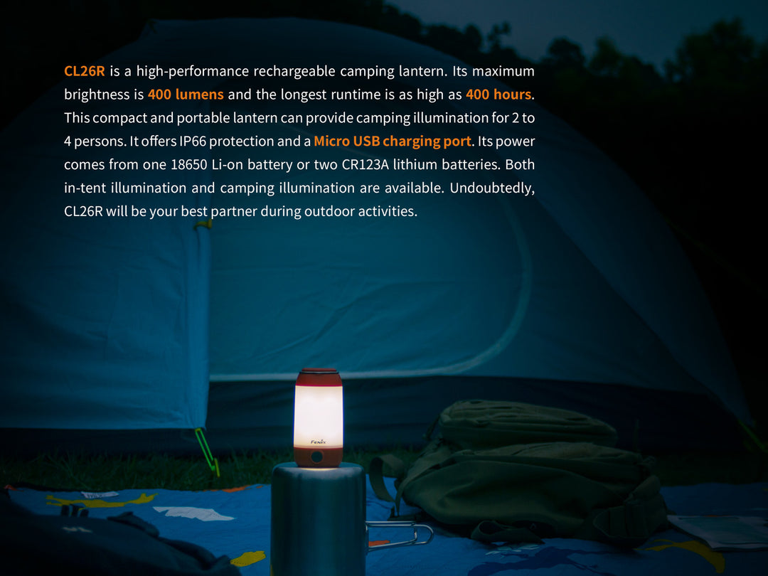 Fenix CL26R Camping Lantern with a tent in the background