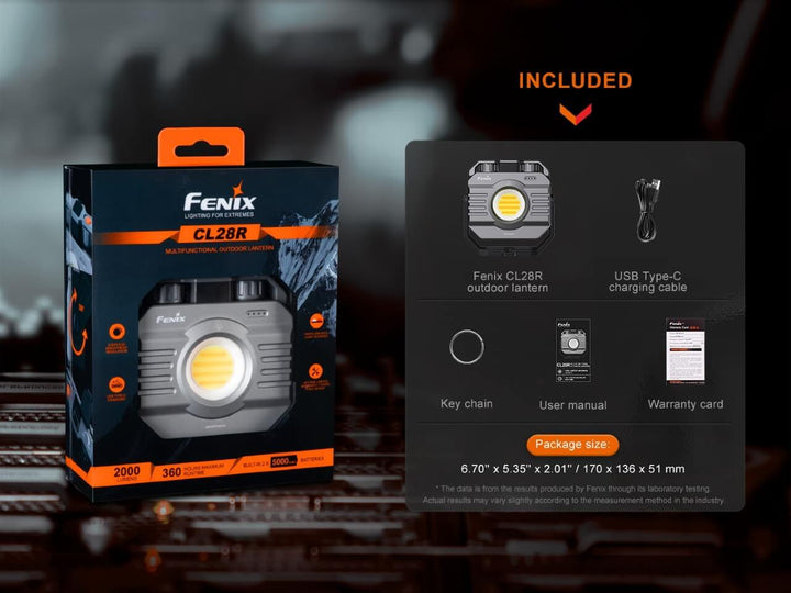 Fenix CL28R multifunctional outdoor lantern in its packaging with graphics showing included accessories