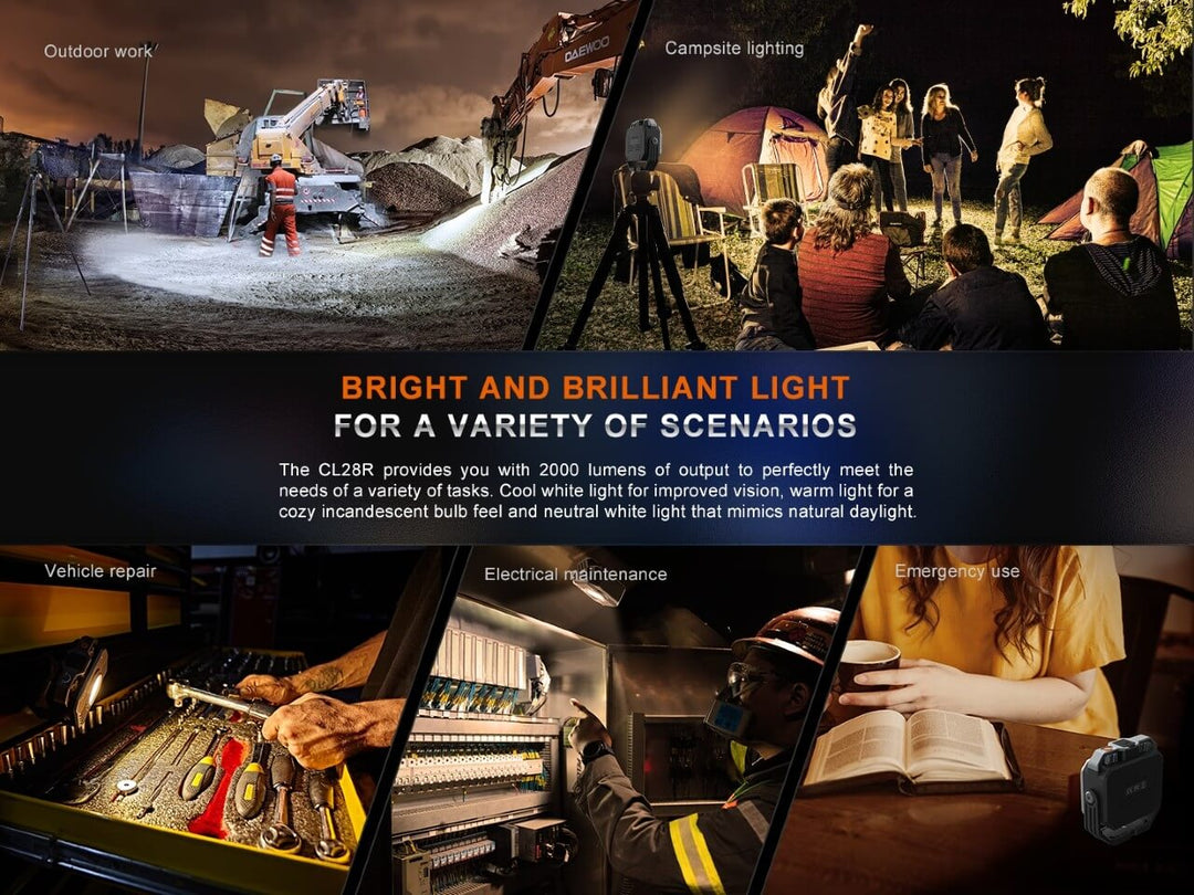 Several photos showing the variety of uses for the Fenix CL28R multifunctional outdoor lantern 