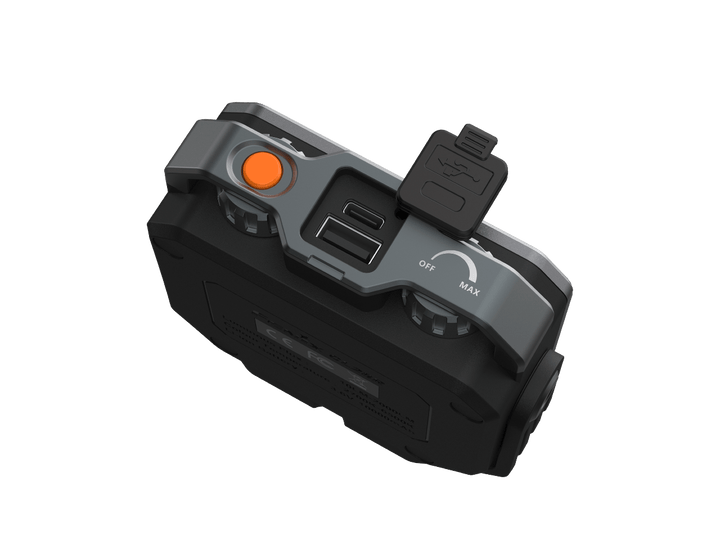 Fenix CL28R multifunctional outdoor lantern as viewed from the top, showing the charging and discharging ports