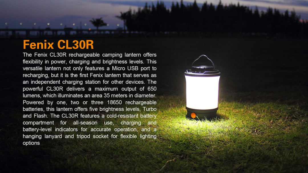 Fenix CL30R LED camping lantern sitting in a field at night with text explaining its features