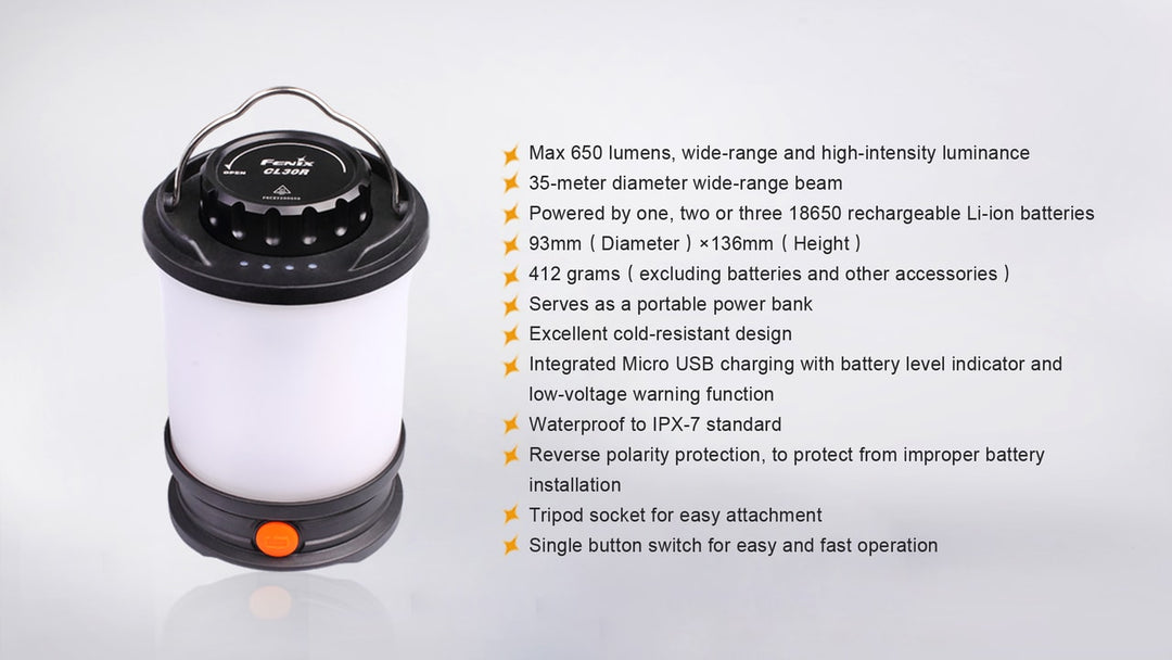 Fenix CL30R LED camping lantern on white background with text overlay showing a list of features