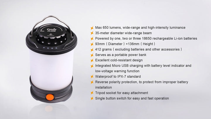 Fenix CL30R LED camping lantern on white background with text overlay showing a list of features