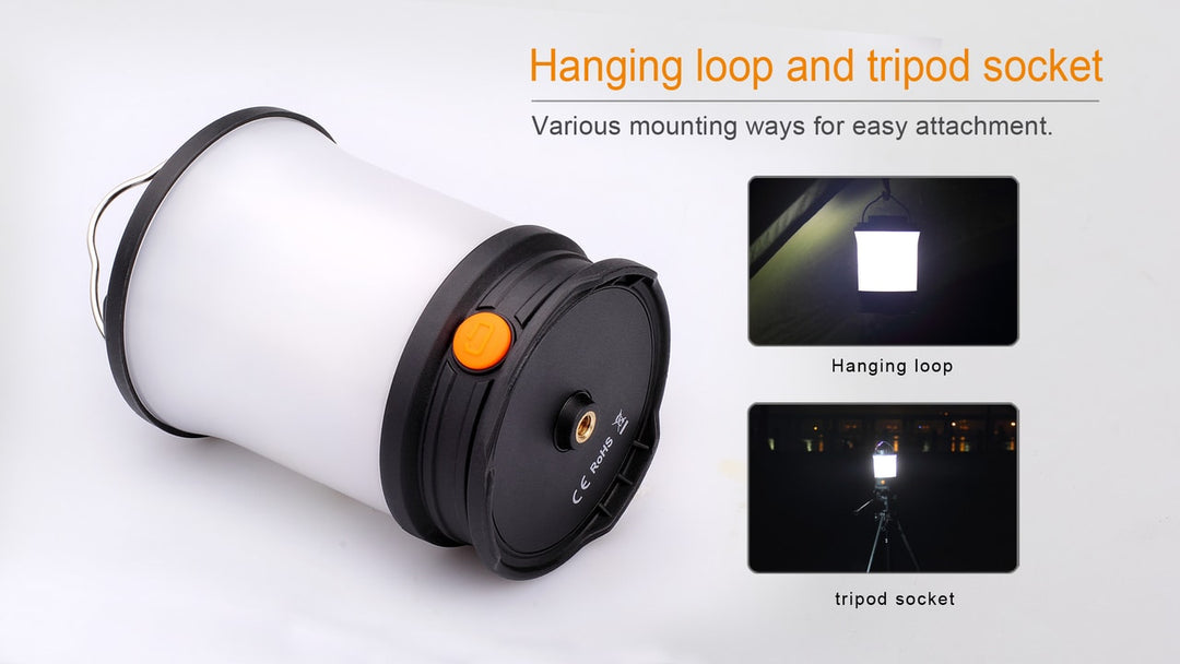 Fenix CL30R LED camping lantern on its side with a white background with additional photos showing it hanging from its hook and one showing it attached to a tripod