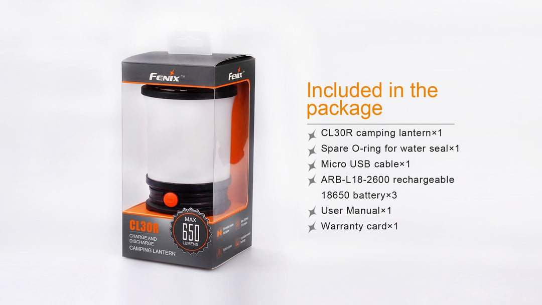 Fenix CL30R LED camping lantern in package with a list of included accessories