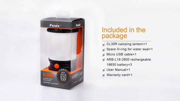 Fenix CL30R LED camping lantern in package with a list of included accessories