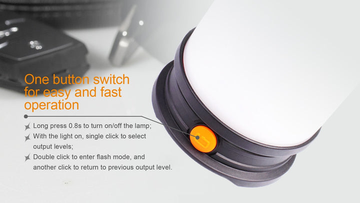 The bottom half of the Fenix CL30R LED camping lantern with text explaining its switch functionality