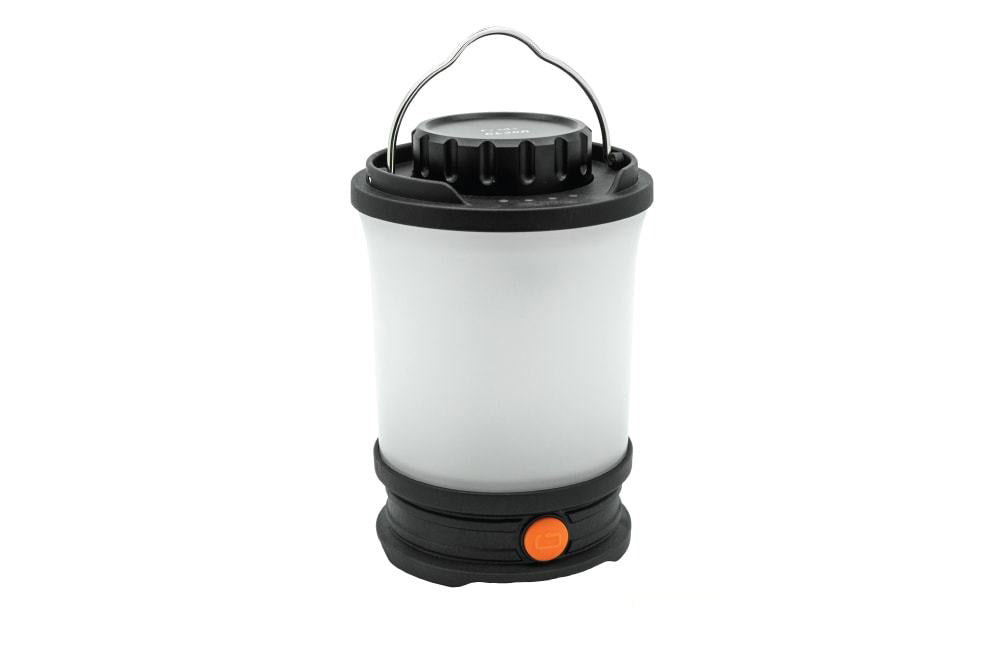 A white Fenix CL30R LED camping lantern with a black base and orange detailing, featuring a carrying handle and control switch.