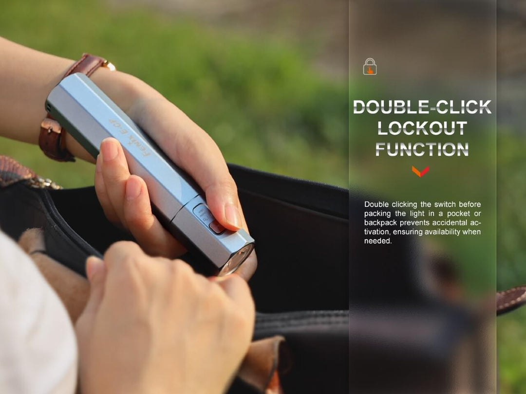 A person activating the lockout features of the Fenix E-CP Powerbank Flashlight 