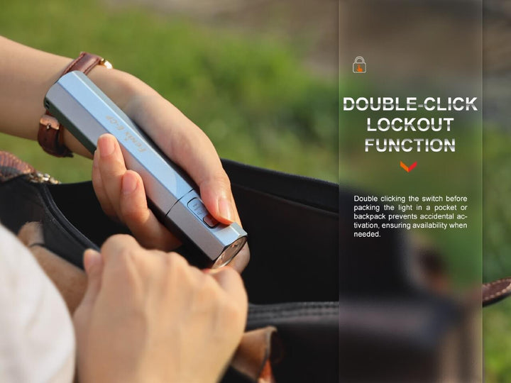 A person activating the lockout features of the Fenix E-CP Powerbank Flashlight 