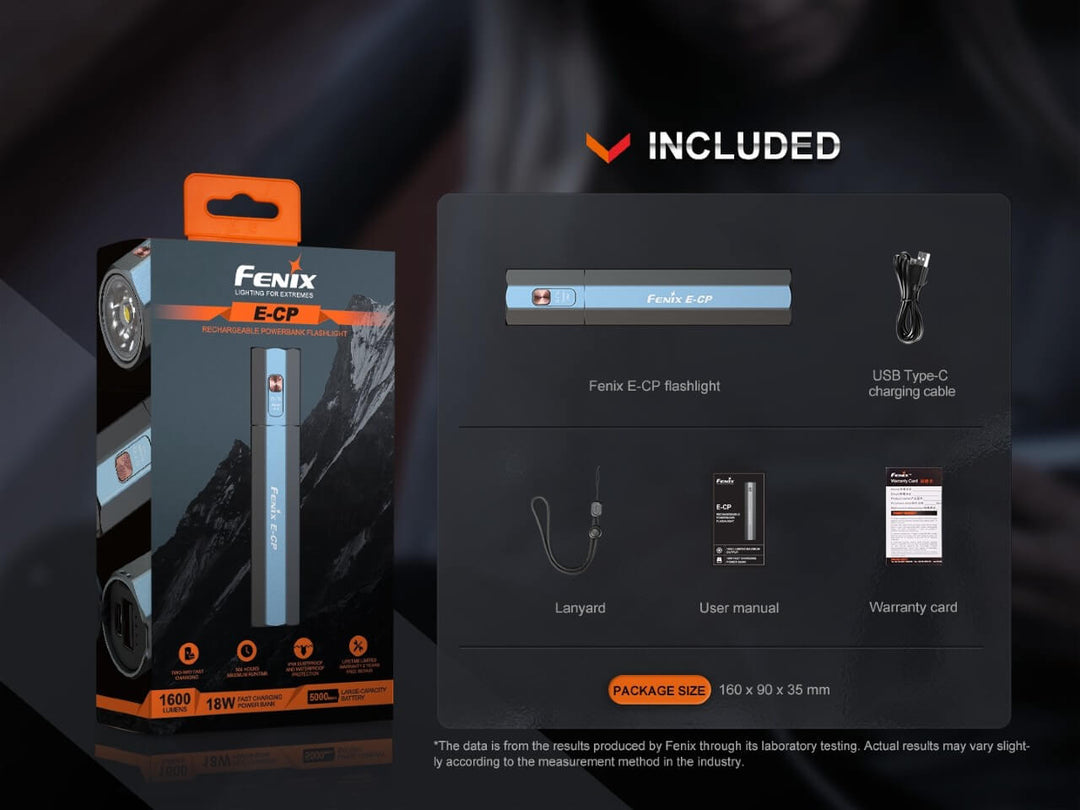 Fenix E-CP Powerbank Flashlight in packaging with pictures of the included accessories