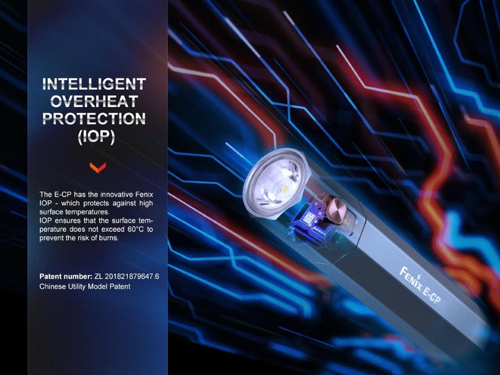 A graphic discussing the overheat protection of the Fenix E-CP Powerbank Flashlight 
