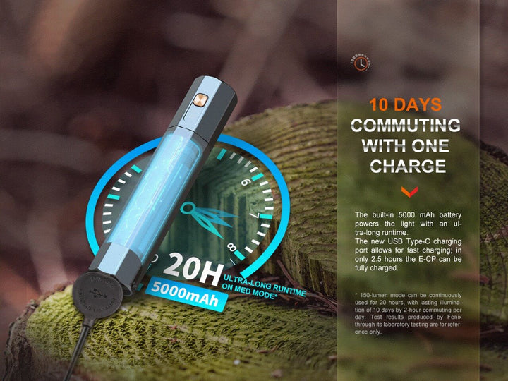 Fenix E-CP Powerbank Flashlight with graphics showing its long runtime