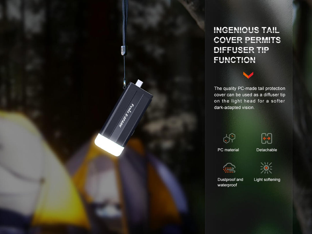 Fenix E-SPARK thin powerbank flashlight hanging from a lanyard while on