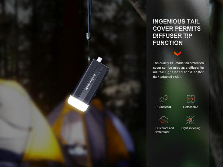 Fenix E-SPARK thin powerbank flashlight hanging from a lanyard while on