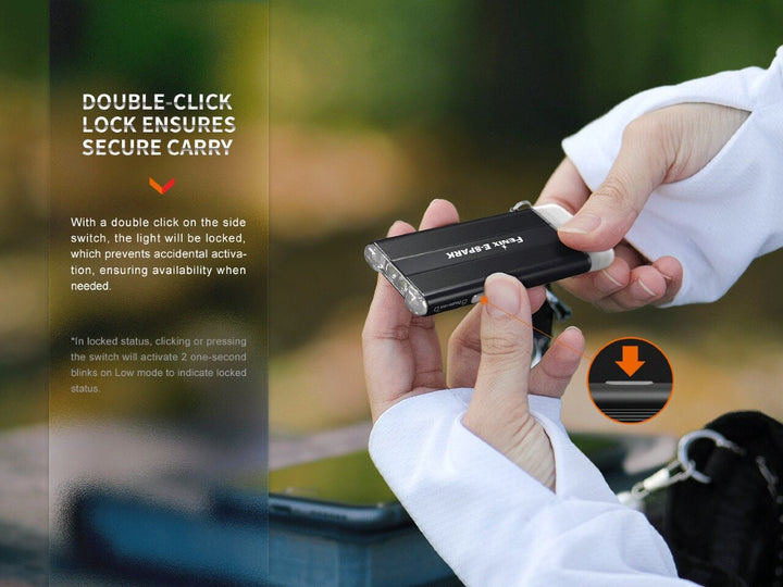 A person holding and activating the lockout feature of the Fenix E-SPARK thin powerbank flashlight 